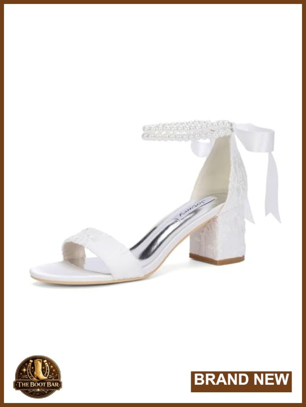 Pearl Block Heel Wedding Sandals for Bride, Open Toe Bridal Shoes, Satin or Lace